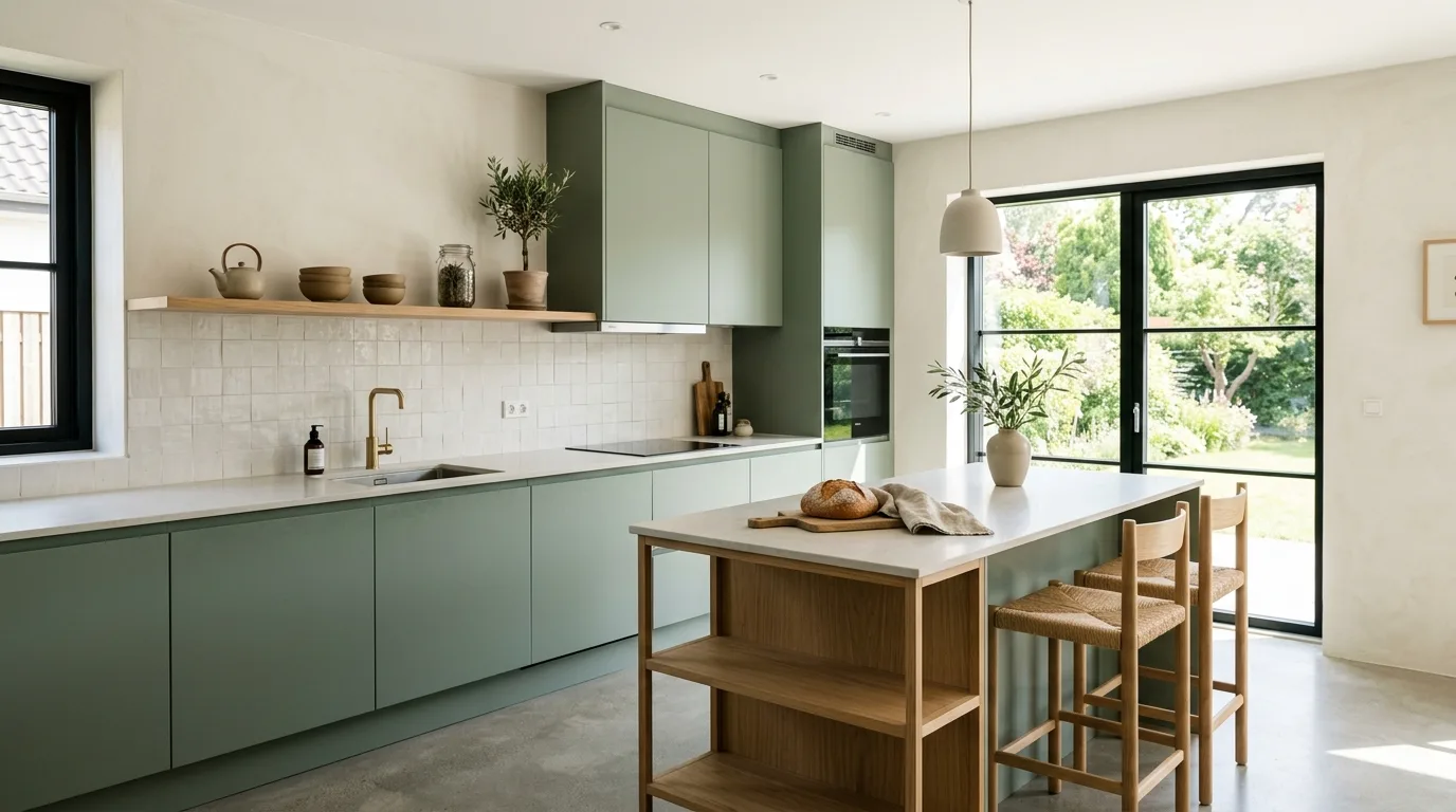 Let the countertop styling stay edited and practical inspiration for a green kitchen.